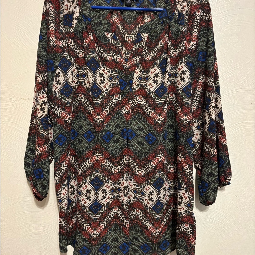 Zac & Rachel Blue and Brown Graphic 3/4 Sleeve Blouse